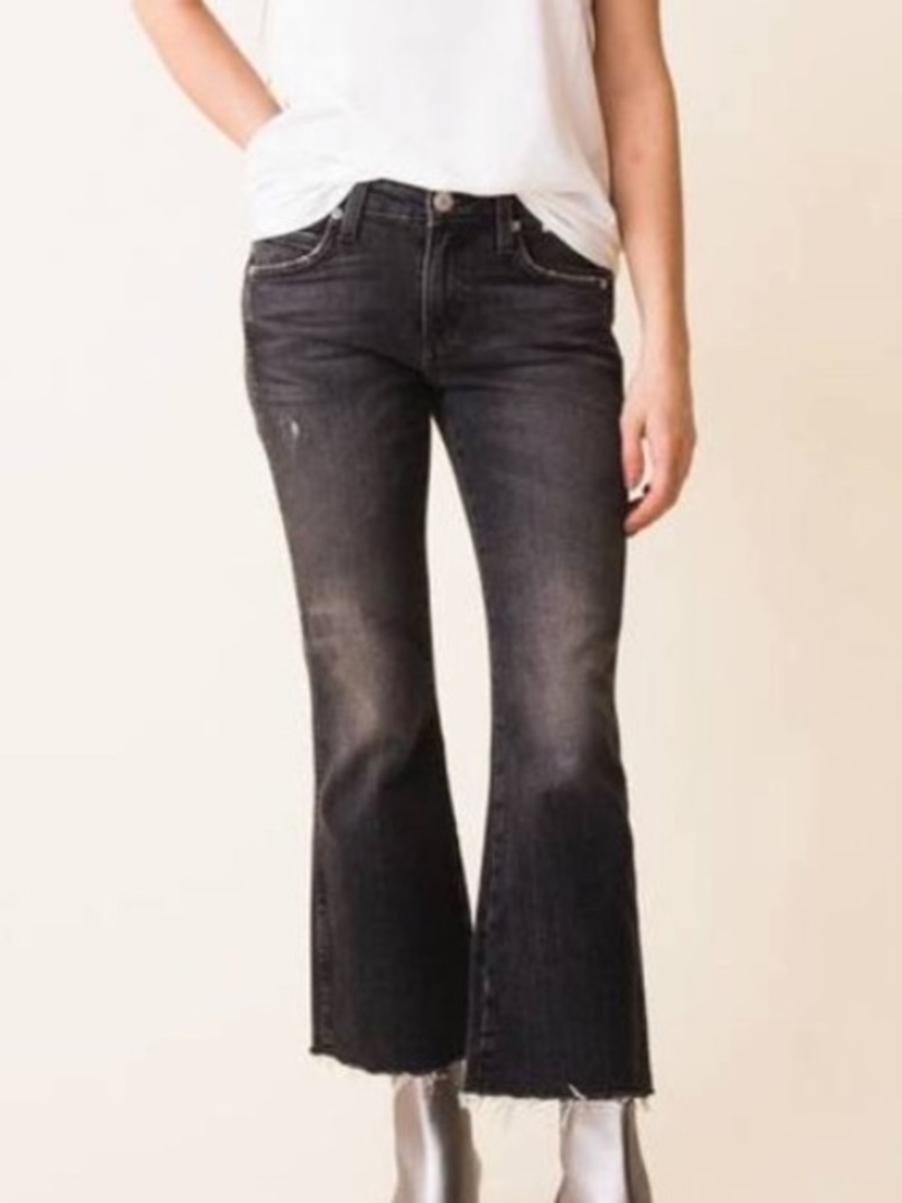 AMO Kick Crop Flare Jeans in Rascal Raw Hem